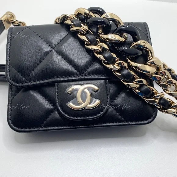 Authentic CHANEL Black Lambskin Mini Clutch Belt Waist Bag Gold Hardware - Picture 8 of 15